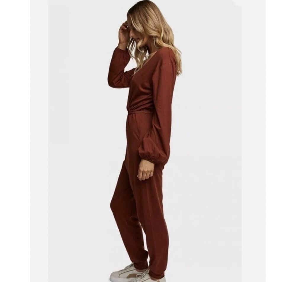 ABLE Clothing Sally Jumpsuit Size M Rust Cherry Mahogany Long Sleeve VNeck Knit